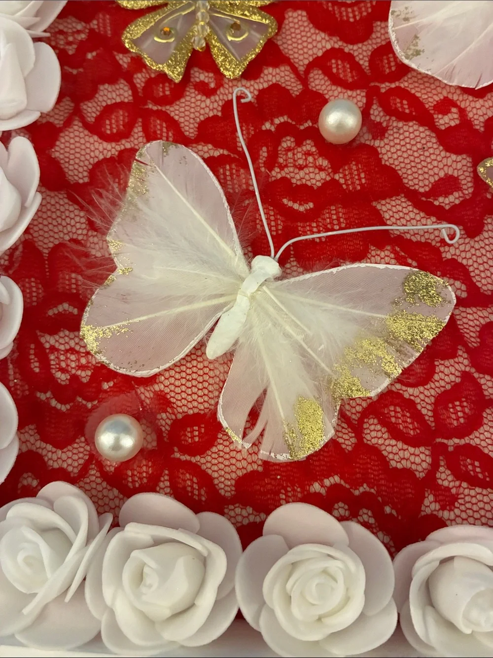 Hand Crafted White Butterfly Shadow Box Frame with Red Lace Backing